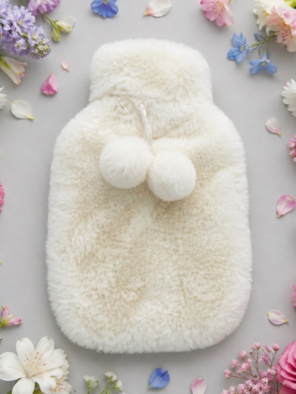 Hot Water Bottle With Shaggy Plush Off-White Faux Fur Cover Pom Pom Design Tie